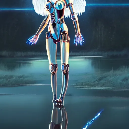 Image similar to a beautiful cyborg - angel girl standing on a lake, rainfall, biomechanical details, digital cyberpunk anime art, full body shot!!, reflections, lens flare, 1 6 k resolution, wlop!!, ilya kuvshinov, artgerm, krenz cushart, greg rutkowski