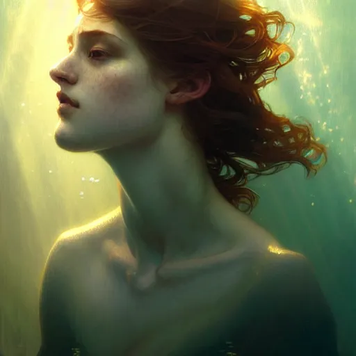 Image similar to Portrait of a girl underwater surrounded by light rays, face, fantasy, intricate, elegant, highly detailed, digital painting, artstation, concept art, smooth, sharp focus, illustration, art by Krenz Cushart and Artem Demura and alphonse mucha