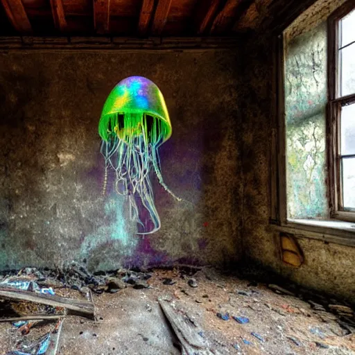 Image similar to abandoned cottage interior filled with iridescent jellyfish