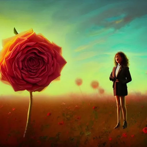 Image similar to closeup, giant rose flower head, frontal, girl in a suit, surreal photography, sunrise, dramatic light, impressionist painting, digital painting, artstation, simon stalenhag