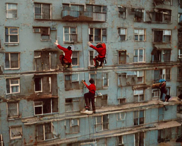 Image similar to lomo photo of roofjumpers climbing on roof of soviet hrushevka, small town, cinestill, bokeh, out of focus