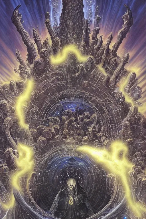 Image similar to an advanced technological computer!!!!!, surrounded by a dark cabal of hooded elven mystics with long robes gathered in a circular formation, michael whelan, dan seagrave, boris vallejo, quantum computer!!!! quantum computer