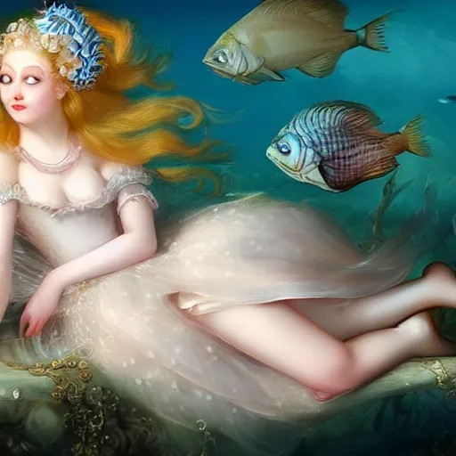 Image similar to underwater , a stunning beautiful rococo-era girl with blonde long hair and pale skin, abundant detail, fish , long dress character photography art