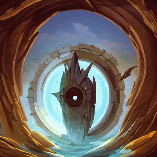 Image similar to highly detailed peter mohrbacher illustration of a stargate made of stone that forms a circle, cinematic view, epic sky