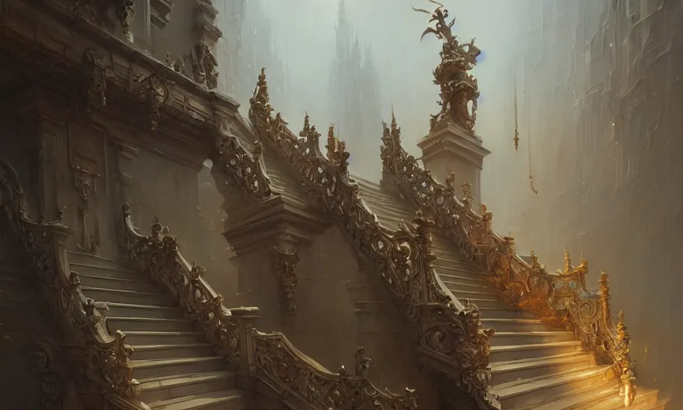 Image similar to a straight staircase full of ornate statues leading to heaven, art by greg rutkowski and peter mohrbacher, featured in artstation, octane render, cinematic, elegant, intricate, highly detailed, fantasy, concept art, sharp focus, illustration, 8 k