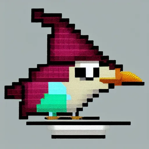 Image similar to a bird with a hat in pixelart, white background