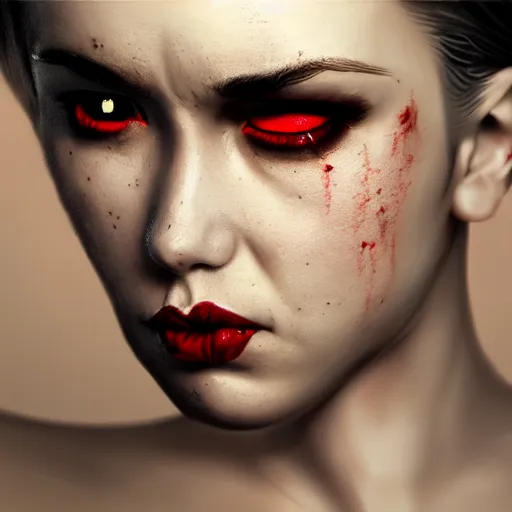 Image similar to angry and disgruntled mom, detailed face with red lips, black eyes and large forehead, detailed body, moody atmosphere, digital art, highly detailed, high contrast, beautiful lighting, award winning, trending on art station, photorealistic, 8 k,