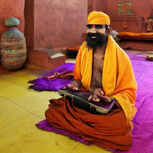 Prompt: An Indian Sadhu Saadhu wearing a cyberdelic psychedelic Oculus virtual reality headset sitting on a rug in a Dravidian temple, psionic powers