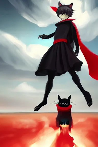 Image similar to little boy with cat ears in an black outfit with red cape. digital artwork made by lois van baarle and kentaro miura and marc simonetti and rhads, sharpness focus, inspired by hirohiko araki, anatomically correct, heroic composition, hero pose, smooth, dark city