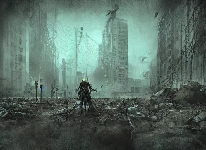 Prompt: silent apocalypse, dystopia, steampunk, digital art, faded