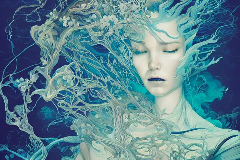Prompt: fantasy portrait of a woman made of water and smoke, carved Japanese Sakura wood organic overgrowth, peter mohrbacher, artgerm, James Jean, tristan eaton, Liam Brazier and nielly
