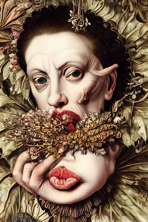 Image similar to Detailed maximalist portrait with large lips and with large white eyes, angry, exasperated expression, extra fleshy hands, high fashion, botany, HD mixed media, 3D collage, highly detailed and intricate, surreal illustration in the style of Caravaggio, dark art, baroque