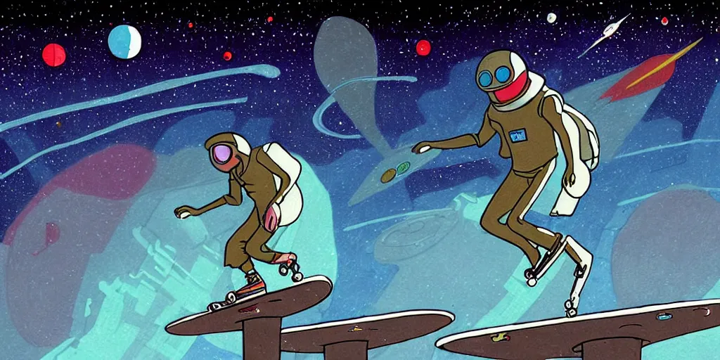 Prompt: traditional drawn colorful animation a close look to solo skateboarder jumping, futuristic city street, space station planet afar, planet surface, ground, rocket launcher, outer worlds, hyper contrast well drawn, in Metal Hurlant, in Pilote, in Pif, by Jean Henri Gaston Giraud animation film The Masters of Time FANTASTIC PLANET La planète sauvage animation by René Laloux