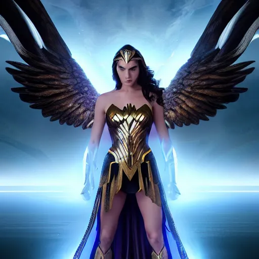 Image similar to full body center frame digital art. hero pose of gal gadot as a dark seraphim angelic warrior wearing a futuristic, intricate, body sculpted cosmic armor and flowey ornate robes highly detailed 8 k hdr award - winning trending on artstation ann _ sto.