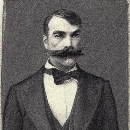 Image similar to gentleman action hero, suit, bow tie, mustache, by alfred stevens in charcoal