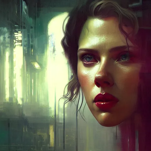 Image similar to scarlett johansson, hyperrealistic portrait, bladerunner street, art of elysium by jeremy mann and alphonse mucha, fantasy art, photo realistic, dynamic lighting, artstation, poster, volumetric lighting, very detailed face, 4 k, award winning