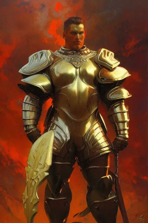Prompt: attractive beefy male with armor, character design, colorful, afrofuturism, painting by gaston bussiere, craig mullins, j. c. leyendecker, tom of finland