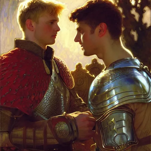 Image similar to attractive arthur pendragon and his attractive male knight, they are in love, natural lighting, path traced, highly detailed, high quality, digital painting, by gaston bussiere, craig mullins, alphonse mucha j. c. leyendecker