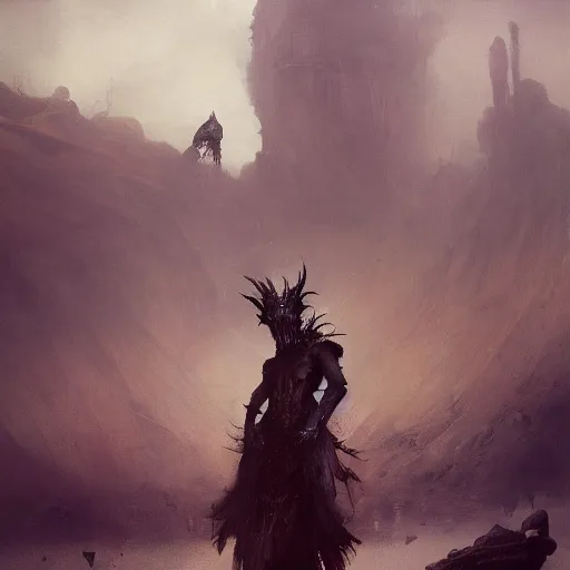 Image similar to Exterior Desert Oasis wrathful physique demonic crow wearing a man costume Jan Van eyck greg rutkowski ilya repin christophe young bastien lecouffe-deharme ismail inceoglu odd nerdrum dragan bibin john steuart curry