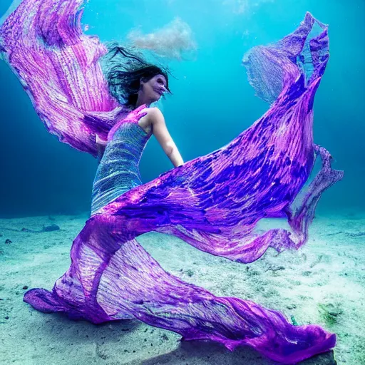 Prompt: woman dancing underwater wearing a flowing dress made of many translucent layers of blue, magenta, and yellow lace seaweed, delicate coral sea bottom, swirling silver fish, swirling smoke shapes, unreal engine, caustics lighting from above, cinematic, hyperdetailed