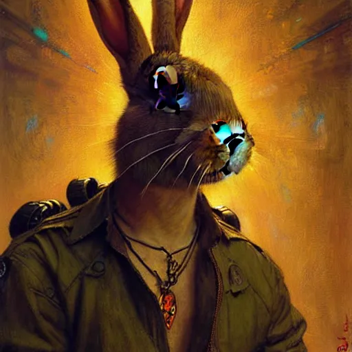 Image similar to portrait of a rabbit wearing a jumpsuit. shadowrun furaffiniy cyberpunk fantasy highly detailed painting by gaston bussiere craig mullins jc leyendecker gustav klimt artgerm greg rutkowski john berkey, bergey, craig mullins, ruan jia, raymond swanland, jeremy mann, tom lovell, alex malveda