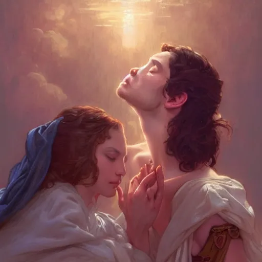 Prompt: jesus kissing a maria maddalena, intricate, elegant, highly detailed, digital painting, artstation, concept art, matte, sharp focus, illustration, art by artgerm and greg rutkowski and alphonse mucha