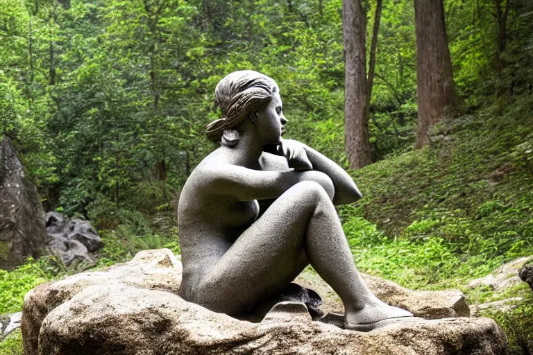 Prompt: high quality beauty statue sitting at the entrance of a huge cave in the middle of a forrest, highly detailed, cinematic smooth, stephen shore & john j. park, soft morning light, wide shot, high angle, uhd 8 k, deep focus