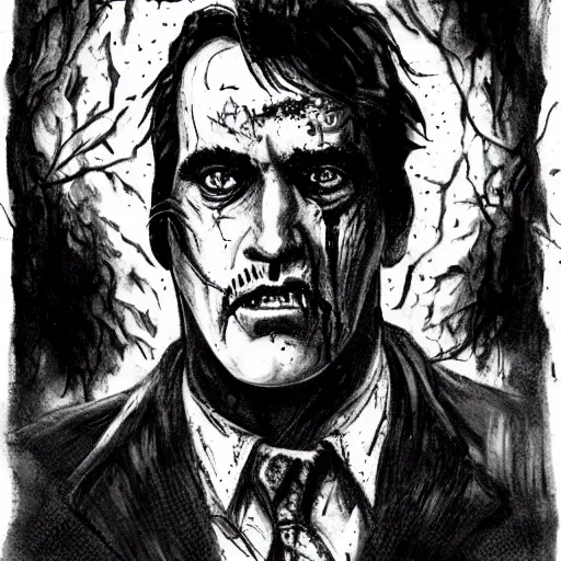 Prompt: creepy horror illustration of Bruce Campbell!!! mutate into greedy zombie pitch black ink on old parchment black and white created by Thomas Kinkade.