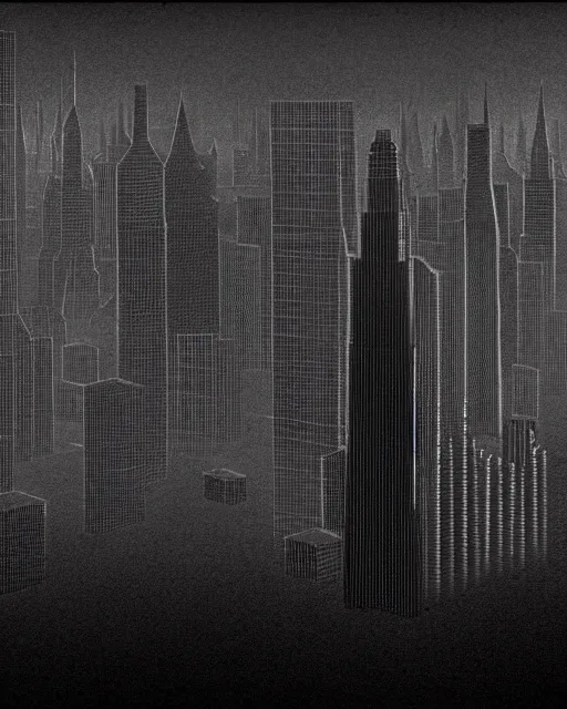 Image similar to image in the style of Hugh Ferriss. Black and dark grey. Tall, wide, imposing building in a dramatically lit metropolis. eerie. incomprehensible size.