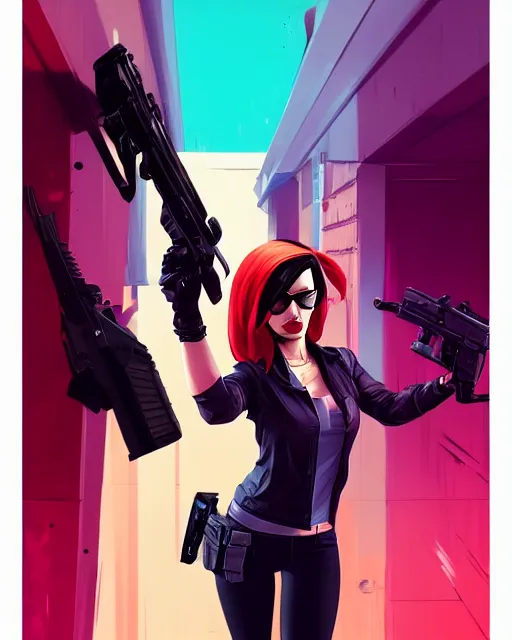 Prompt: portrait of femme fatale with pistol, gta v cover art, borderlands style, celshading, trending on artstation, by rhads, andreas rocha, rossdraws, makoto shinkai, laurie greasley, lois van baarle, ilya kuvshinov and greg rutkowski, 4 k