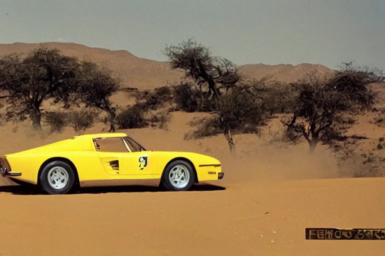 Prompt: 1 9 5 5 ferarri testarossa, mid - 7 0 s dakar rally footage, speed