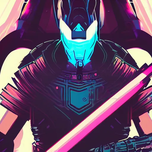 Image similar to katana zero video game character, huge sword, futuristic full body armor, cyborg, synthwave art, colorful, digital art, thiago lehmann