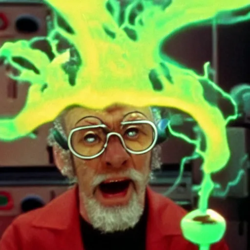 Prompt: mad scientist in his lab, burning in green flames, still shot of pinky and the brain tv showa