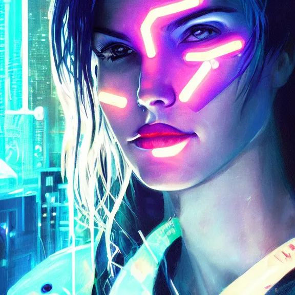 Prompt: “hiperrealist close up portrait of cyberpunk Gal Gadot with blue hair, digital art, concept art, neon colors, studio lightning, high contrast, sharp focus, ultra high detail, photorealist, Artstation HQ, DeviantArt, cybernetics, techwear, urban samurai, netrunner, Shadowrun, Cyberpunk 2077, Deus Ex, 8k UHD, Unreal Engine 5”