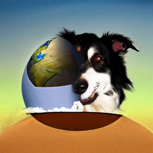 Image similar to Surrealistic digital art of a white and brown Border Collie dog with the Earth on his mouth