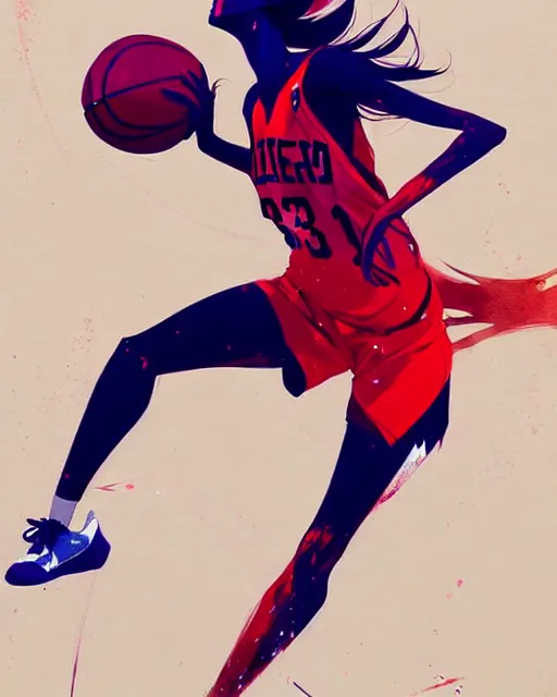 Prompt: a ultradetailed beautiful panting of a woman playing basketball, by conrad roset, greg rutkowski and makoto shinkai, trending on artstation