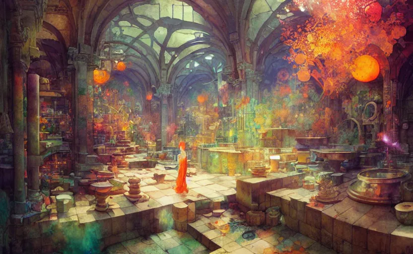 Image similar to alchemy laboratory, fantasy. intricate, amazing composition, colorful watercolor, by ruan jia, by maxfield parrish, by marc simonetti, by hikari shimoda, by robert hubert, by zhang kechun, illustration, gloomy