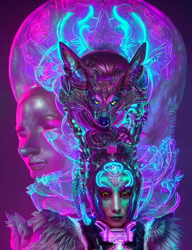 Image similar to 3 d goddess medium shot portrait with hyperdimensional totem implants. beautiful intricately detailed avante garde wolf mask and retrowave sorceress outfit. neon lizards, bio luminescent, water, plasma, creature, artwork by tooth wu and wlop and android jones and beetle and greg rutkowski