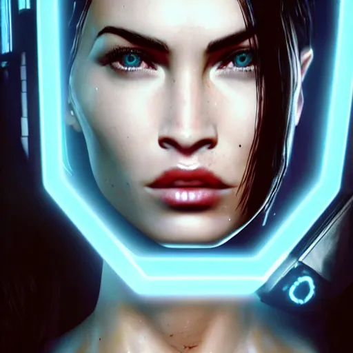 Image similar to Megan Fox portrait, Cyberpunk 2077, ultra photorealistic, cybernetic body parts