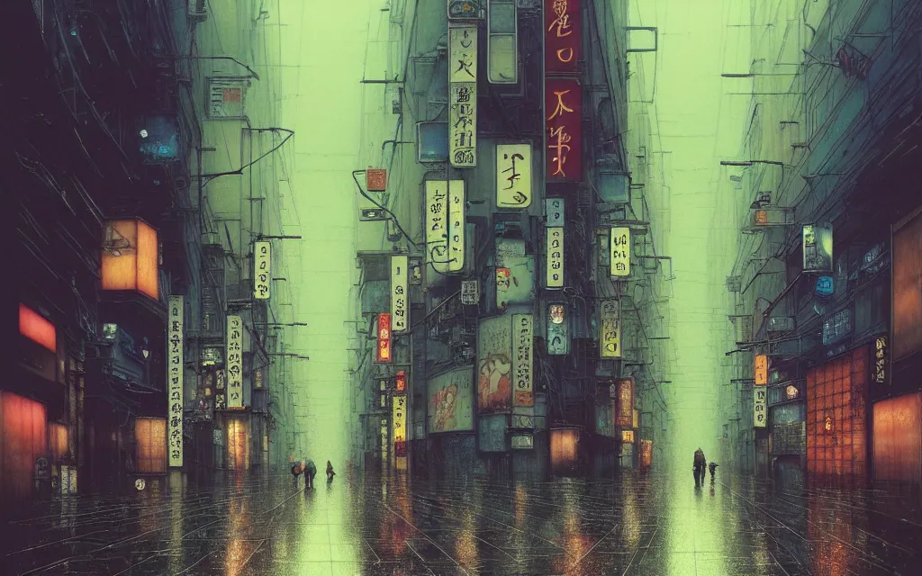 Prompt: rainy and empty streets of tokyo, beautiful matte painting, brian froud, yoshitaka amano, kim keever, victo ngai, james jean. split - complementary color schemes