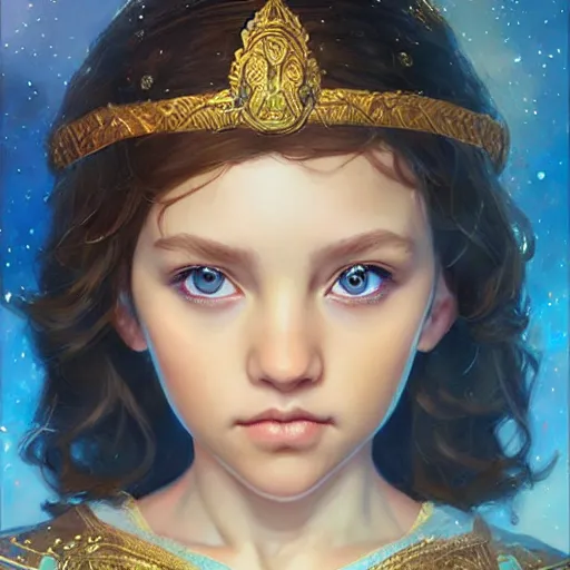 Image similar to a little girl with short wavy curly light brown hair and blue eyes, a space empress in byzantine style. beautiful highly detailed face, painting by artgerm and greg rutkowski and ilya kuvshinov.