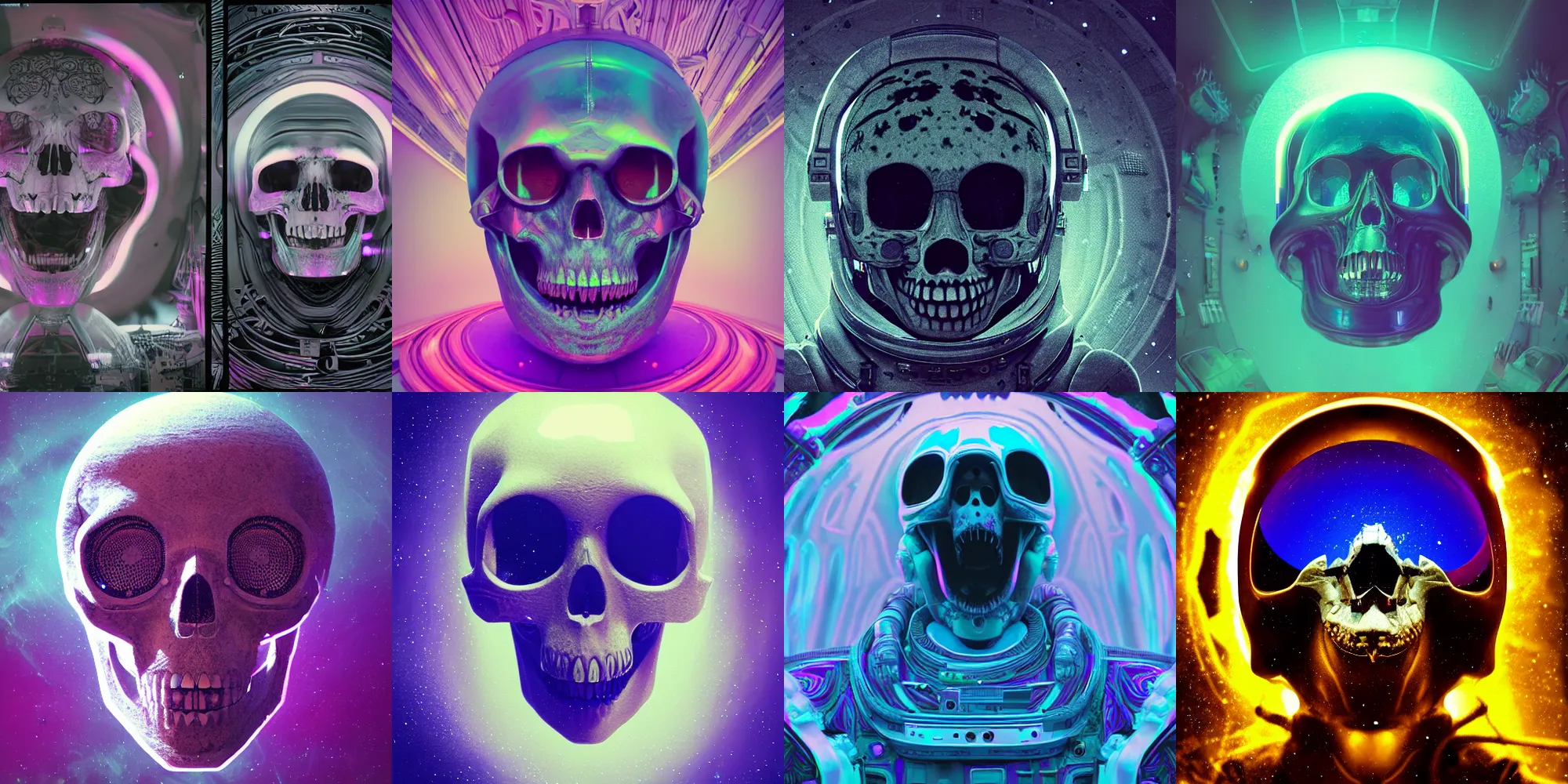 Image similar to astronaut skull head, cosmic horror, abstract, ghostly, arcade, duotone, poltergeist, epic lighting, intricate, elegant, highly detailed, smooth, sharp focus, unreal engine 5, raytracing, in the style of beeple and mike winkelmann, ultraviolet colors,