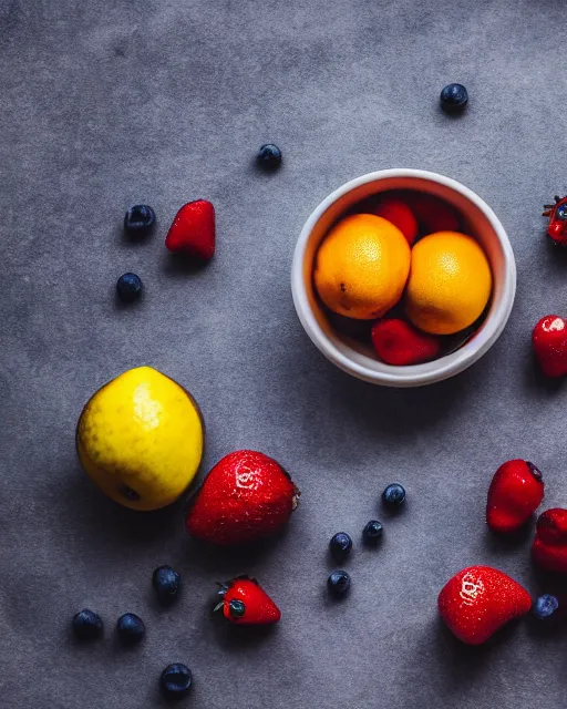 Prompt: high quality presentation photo of a bowl of fruit, photography 4k, f1.8 anamorphic, bokeh, 4k, Canon, Nikon