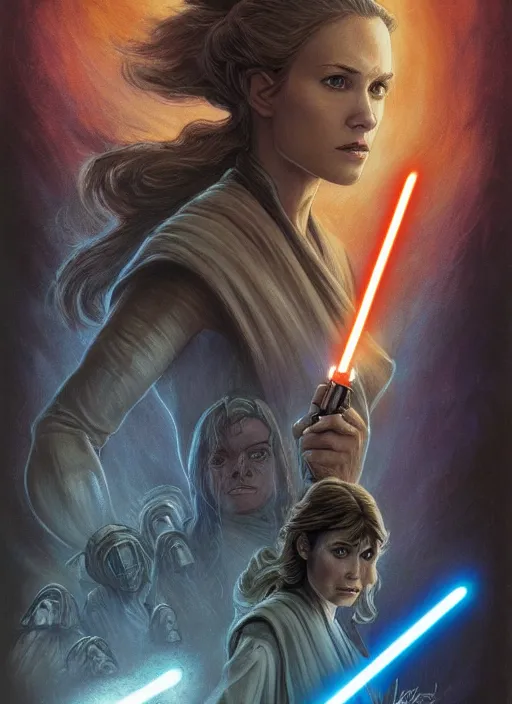 Image similar to movie poster by iain mccaig and magali villeneuve, a beautiful woman jedi master, symetrical face. highly detailed. star wars expanded universe, she is about 2 0 years old, wearing jedi robes. star destroyer