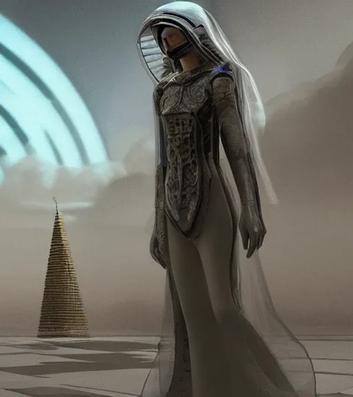 Image similar to tarkovsky greatest scene, tower of babylon destroyed, ethereal, ancient, majestic woman in a futuristic cyber clothing, transparent puffer jacket, hyperrealistic, blockchain, cyber world, ambient lighting, concept art, intricate sky, hyper - detailed, smooth, dynamic volumetric lighting, octane, ray tracing, cinematic, high quality, cgsociety