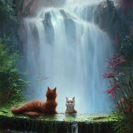 Image similar to two kittens watching the waterfall in the enchanted forest, fantasy, intricate, extremely detailed, face enhance, matte, artstation, art by greg rutkowski, louis wain, alan lee