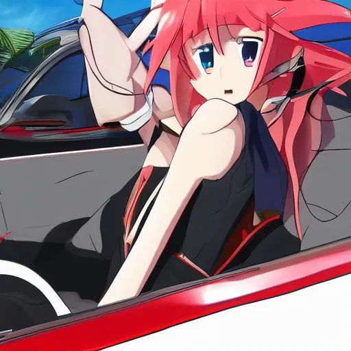 Image similar to zero two from darling in the franxx driving a dodge ram