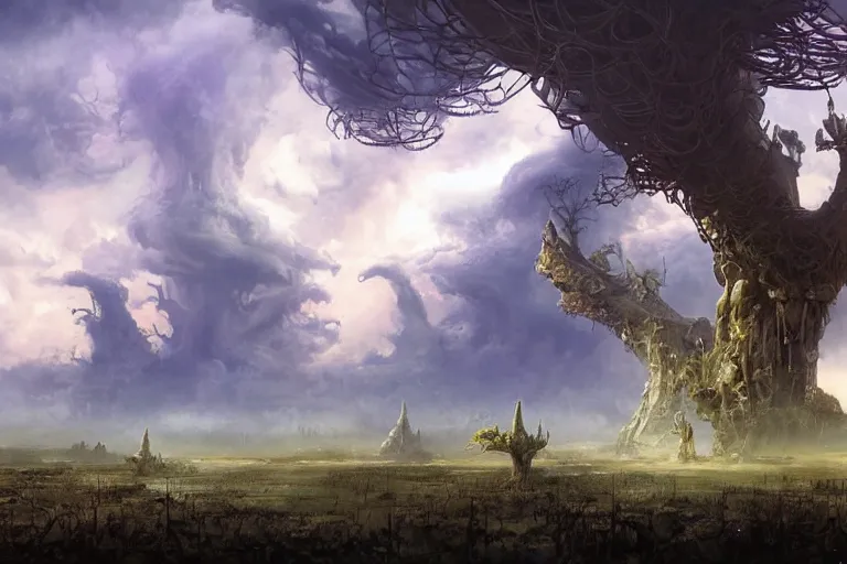 Image similar to scifi illustration, skull palace, baobab trees in distance, storm clouds on horizon, by rodney matthews, wadim kashin, morgan weistling, earle bergey, tyler edlin, alex schomburg, allen anderston, basil gogos, carl spitzweg