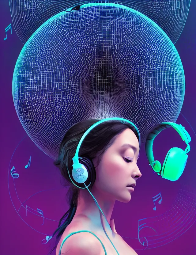 Image similar to 3 d goddess of music and 🔊 wide angle portrait with musical notes, headphones, subwoofers, and speakers. music, wave frequencies, cymatics. auditory symbiogenesis, synaesthesia, polyphonic communication, sonic projection, artwork by tooth wu and android jones wlop and android jones and beeple and greg rutkowski