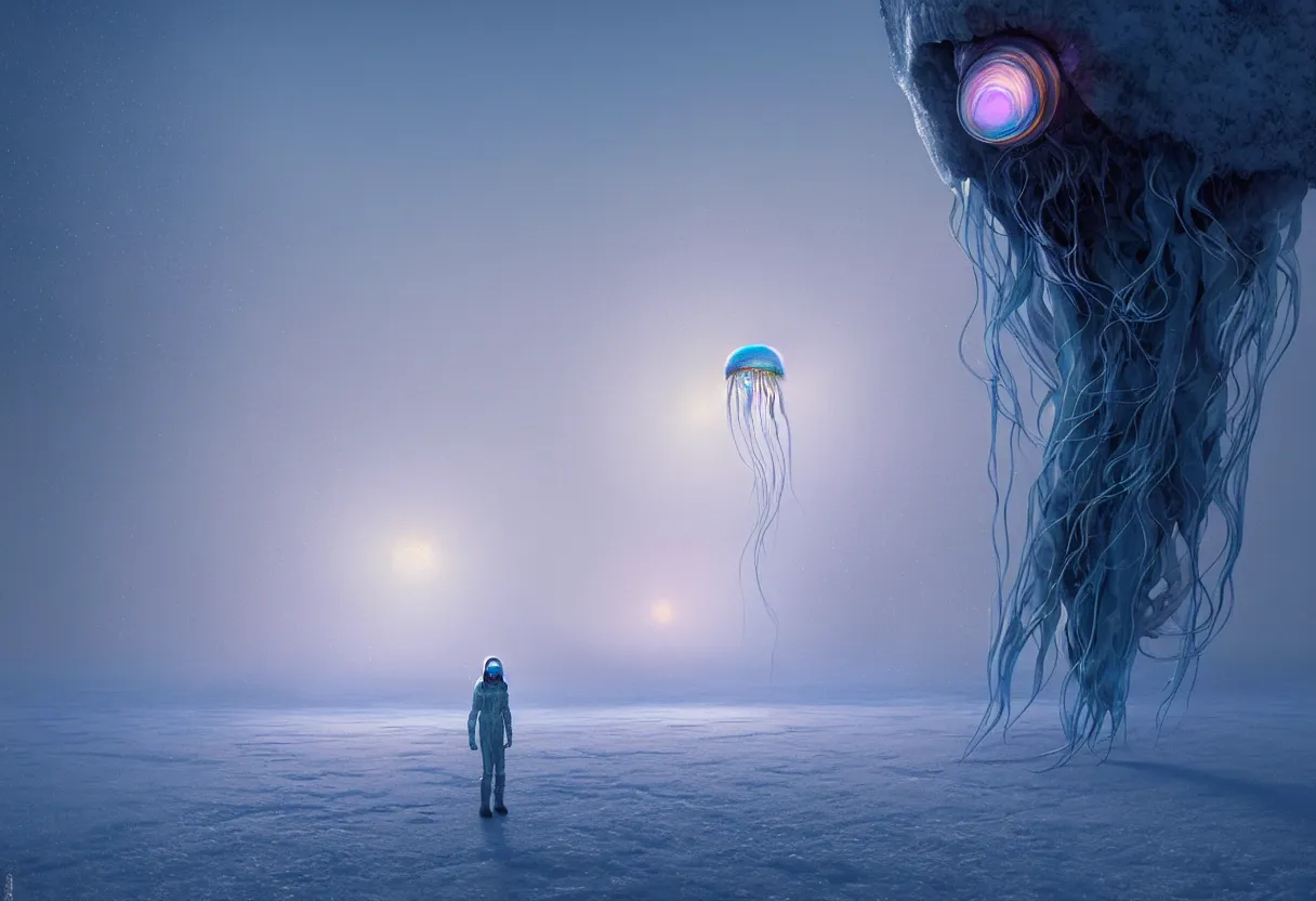 Image similar to strange transparent iridescent alien jellyfish emerging from surface of another frozen winter planet at sunset, ultra high definition, ultra detailed, symmetry, fog, matte painting, by greg rutkowski and ross tran and wlop